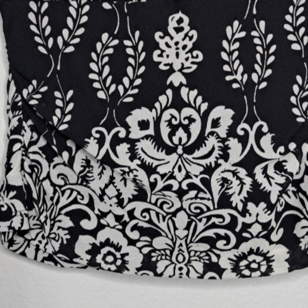 Susan Lawrence Faux Wrap Top Black White Paisley Floral Y2K Long Slv Ruched PM - Picture 11 of 15